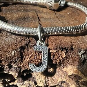 Authentic Pandora Charm Letter J Dangle Pendant Pave Zirconia Alphabet Name
